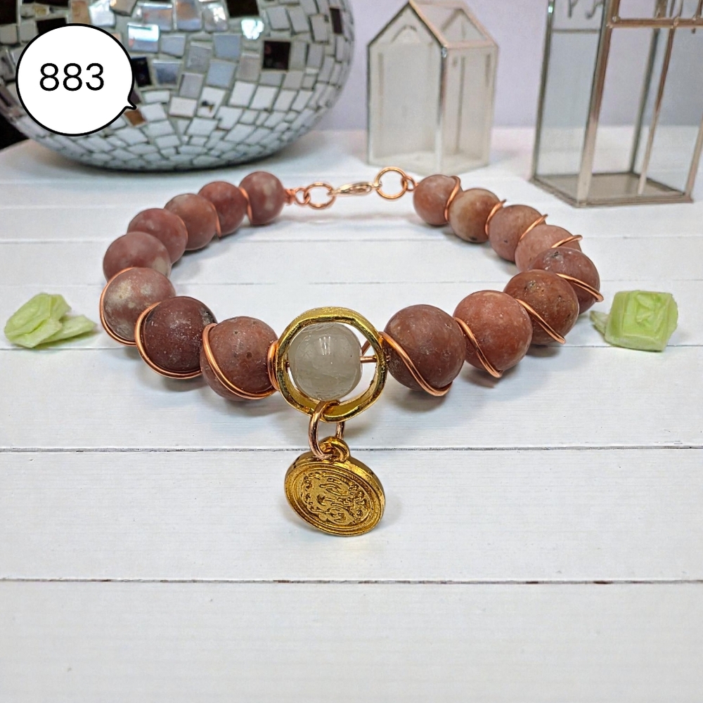 Gold-Accented Brown Jasper Stone Bracelet with Center Charm